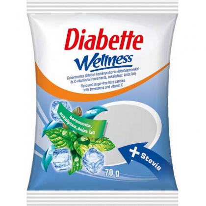 Diabette Wellness Bomboane tari, cu stevie, neumplute, cu vit.C (cu gust menta, euclipt, anason), 70gr