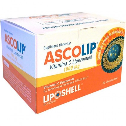 LIPOSHELL Ascolip Vitamina C Lipozamala 1000mg cu lamaie si portocala, 30 plicuri, 150g