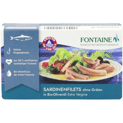 Fontaine File de sardine fara oase cu piele in ulei de masline  bio 120g