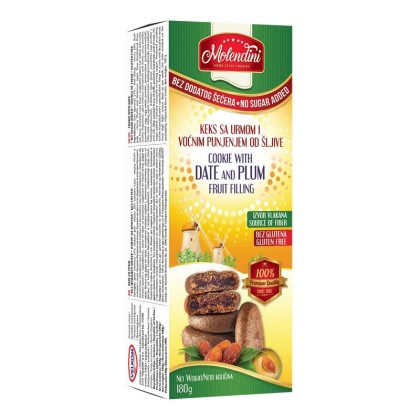 Molendini Biscuiti Fara Gluten si Fara Zahar cu Curmale si umplutura de Prune 180g