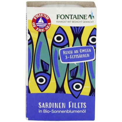 Fontaine File de sardine fara oase cu piele in ulei bio de floarea-soarelui 120g