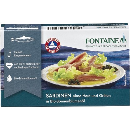 Fontaine Sardine fara piele si oase in ulei bio de floarea-soarelui 125g